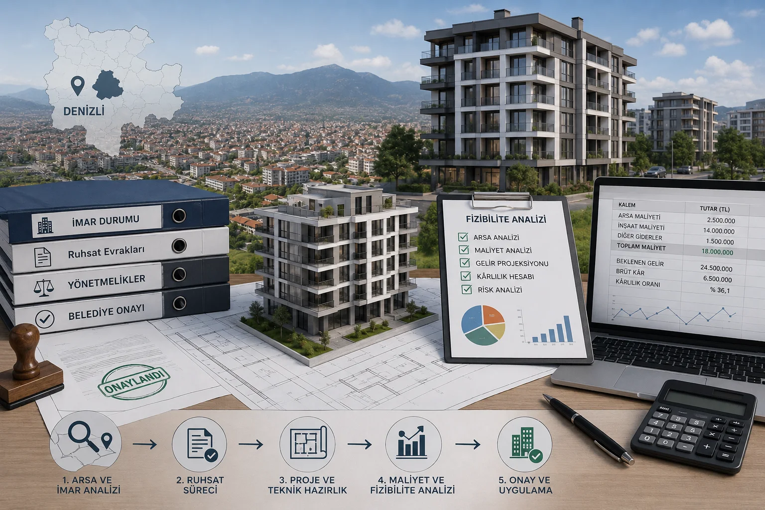 Denizli apartman projesi için ruhsat ve fizibilite süreci gösteren mimari plan görseli