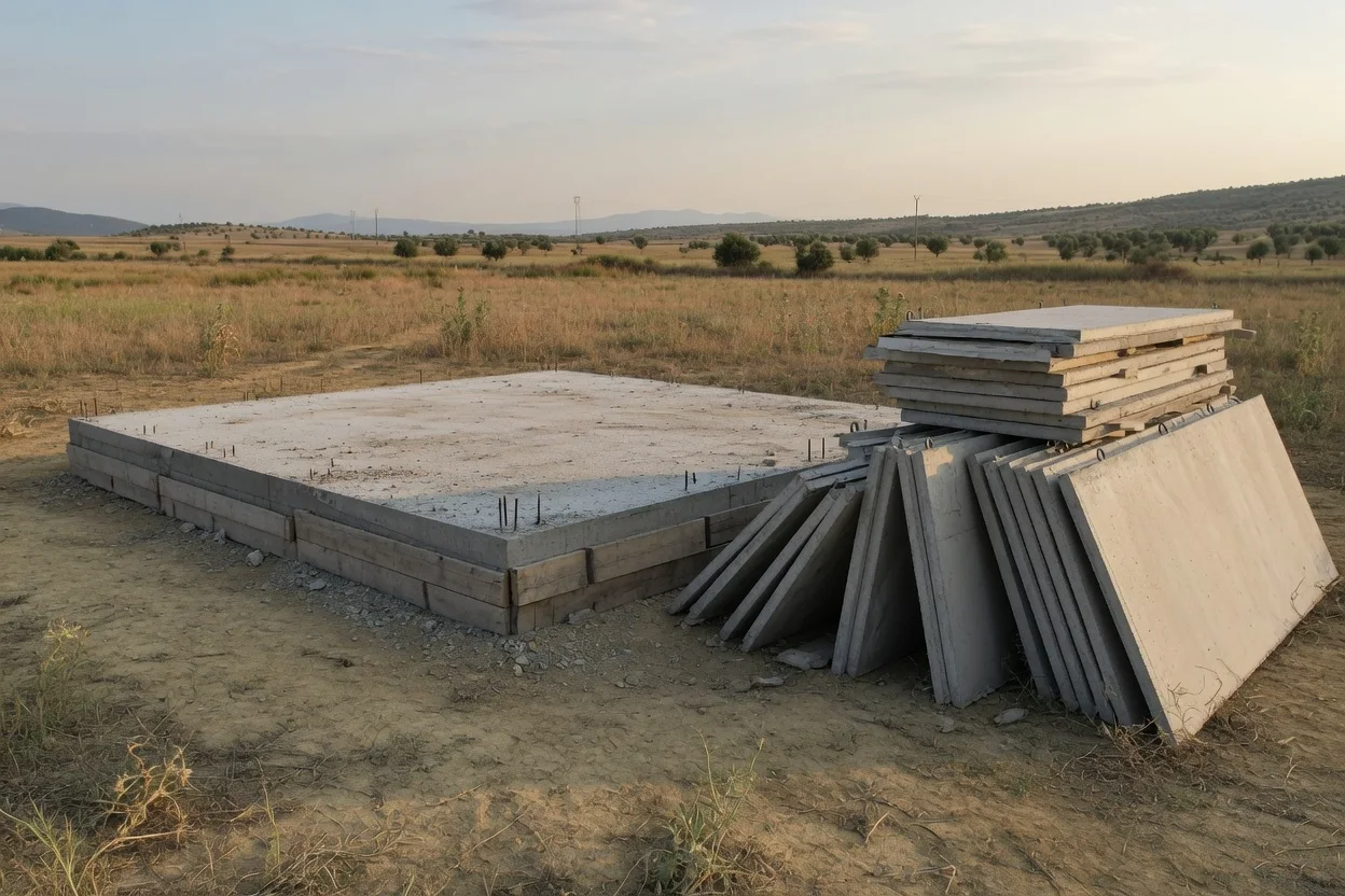 Denizli tarlasında yarım kalmış ev temeli ve prefabrik malzeme