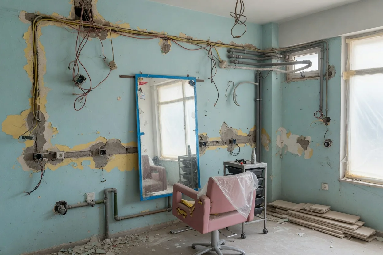 Denizli kuaför tadilatı sırasında açıkta kalan elektrik ve su tesisatı