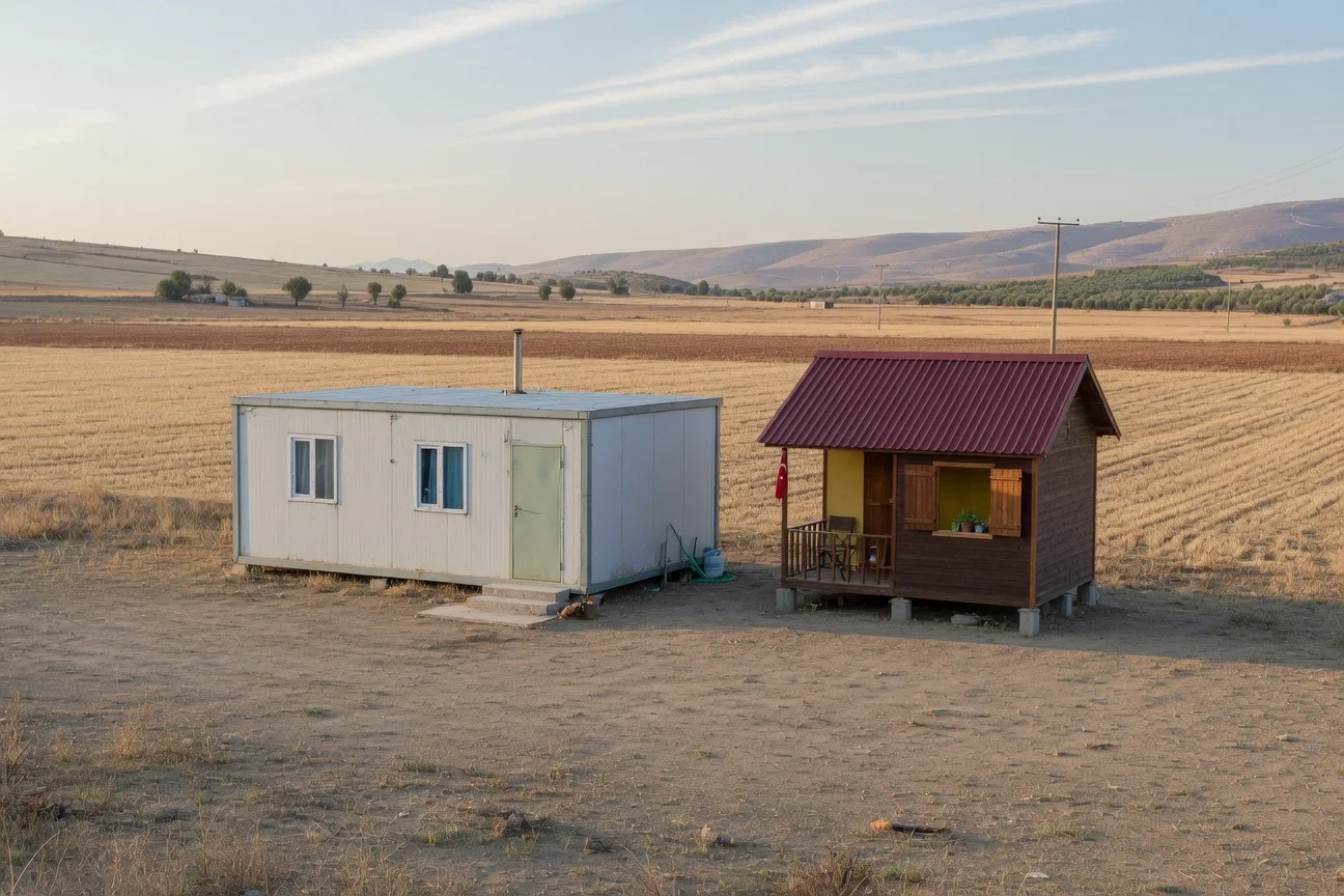 Denizli tarlasında prefabrik ve tiny house yerleşimi